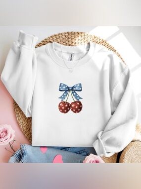 Gildan White Crewneck Sweatshirt with Patriotic Cherry Graphic